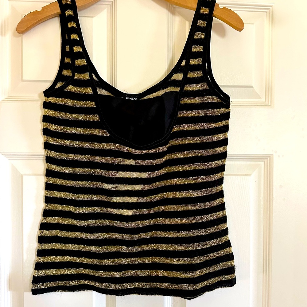 Sheer gold and black stripe tank